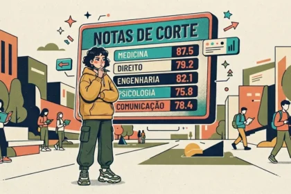Uma jovem estudante vestindo moletom amarelo e calça cargo, pensativa com a mão no queixo diante de um painel flutuante intitulado "NOTAS DE CORTE". O painel exibe uma tabela com os cursos e pontuações: "MEDICINA: 87.5", "DIREITO: 79.2", "ENGENHARIA: 82.1", "PSICOLOGIA: 75.8" e "COMUNICAÇÃO: 78.4". Ao fundo, no pátio de um campus universitário, outros alunos caminham e leem livros entre edifícios modernos.