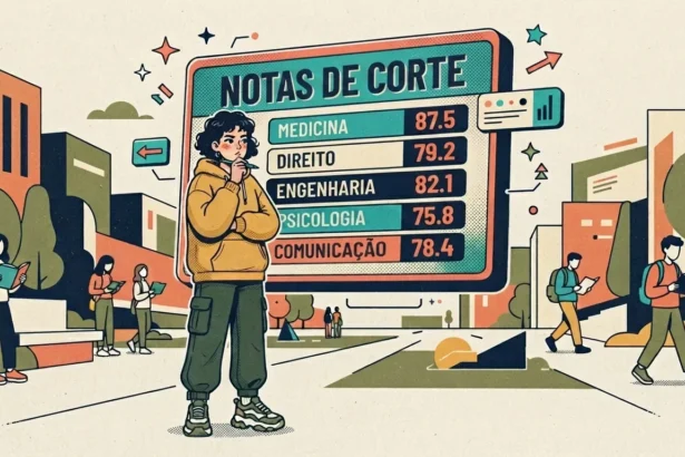 Uma jovem estudante vestindo moletom amarelo e calça cargo, pensativa com a mão no queixo diante de um painel flutuante intitulado "NOTAS DE CORTE". O painel exibe uma tabela com os cursos e pontuações: "MEDICINA: 87.5", "DIREITO: 79.2", "ENGENHARIA: 82.1", "PSICOLOGIA: 75.8" e "COMUNICAÇÃO: 78.4". Ao fundo, no pátio de um campus universitário, outros alunos caminham e leem livros entre edifícios modernos.