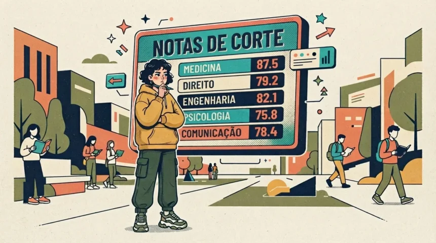 Uma jovem estudante vestindo moletom amarelo e calça cargo, pensativa com a mão no queixo diante de um painel flutuante intitulado "NOTAS DE CORTE". O painel exibe uma tabela com os cursos e pontuações: "MEDICINA: 87.5", "DIREITO: 79.2", "ENGENHARIA: 82.1", "PSICOLOGIA: 75.8" e "COMUNICAÇÃO: 78.4". Ao fundo, no pátio de um campus universitário, outros alunos caminham e leem livros entre edifícios modernos.
