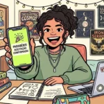 Ilustração vibrante de uma jovem sorridente com cabelo cacheado preso em um coque alto, comemorando no seu quarto. Ela estende o celular em direção à tela mostrando um aviso verde brilhante: "PARABÉNS! ACEITAÇÃO CONFIRMADA!". Sua escrivaninha está cheia de livros de Biologia e História, um notebook com adesivos e um caderno aberto. Ao fundo, a parede exibe fotos e pôsteres sob luzes decorativas. (como funciona o SISU)