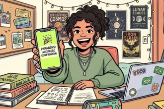 Ilustração vibrante de uma jovem sorridente com cabelo cacheado preso em um coque alto, comemorando no seu quarto. Ela estende o celular em direção à tela mostrando um aviso verde brilhante: "PARABÉNS! ACEITAÇÃO CONFIRMADA!". Sua escrivaninha está cheia de livros de Biologia e História, um notebook com adesivos e um caderno aberto. Ao fundo, a parede exibe fotos e pôsteres sob luzes decorativas. (como funciona o SISU)