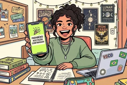 Ilustração vibrante de uma jovem sorridente com cabelo cacheado preso em um coque alto, comemorando no seu quarto. Ela estende o celular em direção à tela mostrando um aviso verde brilhante: "PARABÉNS! ACEITAÇÃO CONFIRMADA!". Sua escrivaninha está cheia de livros de Biologia e História, um notebook com adesivos e um caderno aberto. Ao fundo, a parede exibe fotos e pôsteres sob luzes decorativas. (como funciona o SISU)