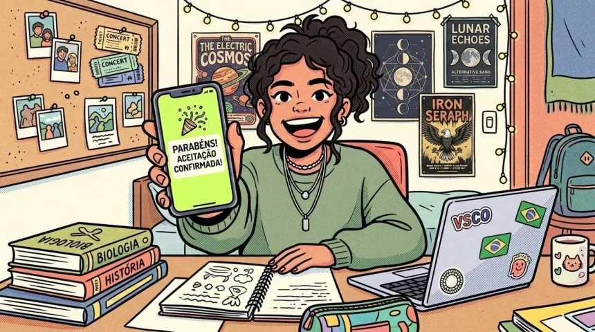 Ilustração vibrante de uma jovem sorridente com cabelo cacheado preso em um coque alto, comemorando no seu quarto. Ela estende o celular em direção à tela mostrando um aviso verde brilhante: "PARABÉNS! ACEITAÇÃO CONFIRMADA!". Sua escrivaninha está cheia de livros de Biologia e História, um notebook com adesivos e um caderno aberto. Ao fundo, a parede exibe fotos e pôsteres sob luzes decorativas. (como funciona o SISU)