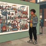 Ilustração em plano inteiro de um jovem negro vestindo jaqueta jeans decorada com patches sobre moletom amarelo e calça cargo, observando um painel explicativo em um museu. Ele segura um bloco de anotações e um lápis enquanto analisa o infográfico ilustrado sobre a Revolução Industrial, que detalha o funcionamento de máquinas a vapor, engrenagens, fornalhas a carvão e teares mecânicos. O espaço ao redor conta com pilares metálicos, paredes de tijolos aparentes e outros visitantes observando a exposição.