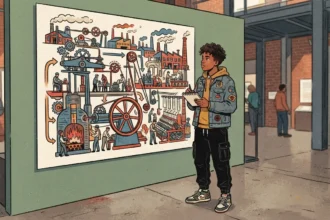 Ilustração em plano inteiro de um jovem negro vestindo jaqueta jeans decorada com patches sobre moletom amarelo e calça cargo, observando um painel explicativo em um museu. Ele segura um bloco de anotações e um lápis enquanto analisa o infográfico ilustrado sobre a Revolução Industrial, que detalha o funcionamento de máquinas a vapor, engrenagens, fornalhas a carvão e teares mecânicos. O espaço ao redor conta com pilares metálicos, paredes de tijolos aparentes e outros visitantes observando a exposição.