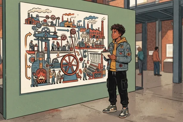 Ilustração em plano inteiro de um jovem negro vestindo jaqueta jeans decorada com patches sobre moletom amarelo e calça cargo, observando um painel explicativo em um museu. Ele segura um bloco de anotações e um lápis enquanto analisa o infográfico ilustrado sobre a Revolução Industrial, que detalha o funcionamento de máquinas a vapor, engrenagens, fornalhas a carvão e teares mecânicos. O espaço ao redor conta com pilares metálicos, paredes de tijolos aparentes e outros visitantes observando a exposição.