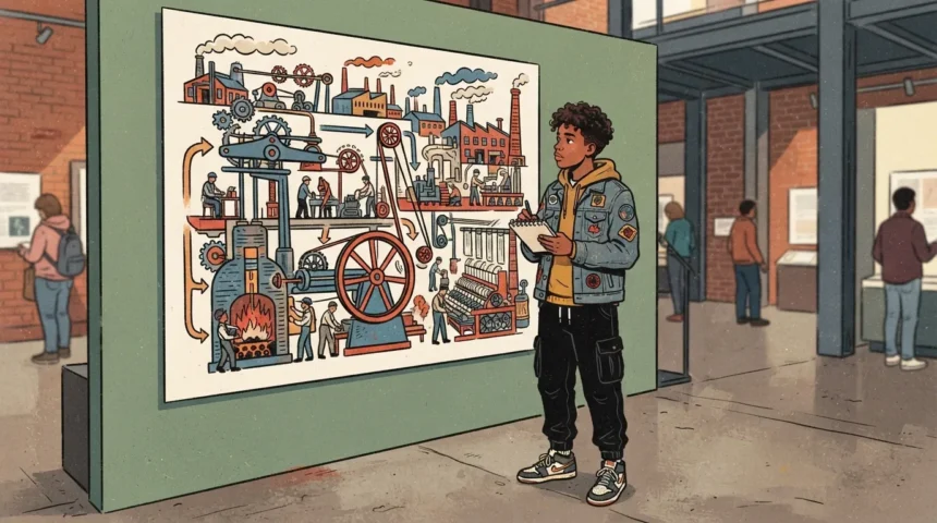 Ilustração em plano inteiro de um jovem negro vestindo jaqueta jeans decorada com patches sobre moletom amarelo e calça cargo, observando um painel explicativo em um museu. Ele segura um bloco de anotações e um lápis enquanto analisa o infográfico ilustrado sobre a Revolução Industrial, que detalha o funcionamento de máquinas a vapor, engrenagens, fornalhas a carvão e teares mecânicos. O espaço ao redor conta com pilares metálicos, paredes de tijolos aparentes e outros visitantes observando a exposição.
