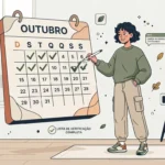 Ilustração em estilo de traços limpos de uma jovem estudante em pé, usando uma caneta para marcar um visto verde em um calendário gigante do mês de "OUTUBRO", onde vários dias anteriores já aparecem checados. Ao lado dela, flutua um balão de notificação com a mensagem "CHECK-IN DE HOJE CONCLUÍDO!". À direita, vê-se uma mesa com notebook, luminária e um pôster na parede intitulado "HÁBITOS DE PRODUTIVIDADE".