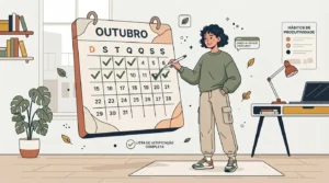 Ilustração em estilo de traços limpos de uma jovem estudante em pé, usando uma caneta para marcar um visto verde em um calendário gigante do mês de "OUTUBRO", onde vários dias anteriores já aparecem checados. Ao lado dela, flutua um balão de notificação com a mensagem "CHECK-IN DE HOJE CONCLUÍDO!". À direita, vê-se uma mesa com notebook, luminária e um pôster na parede intitulado "HÁBITOS DE PRODUTIVIDADE".