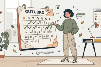 Ilustração em estilo de traços limpos de uma jovem estudante em pé, usando uma caneta para marcar um visto verde em um calendário gigante do mês de "OUTUBRO", onde vários dias anteriores já aparecem checados. Ao lado dela, flutua um balão de notificação com a mensagem "CHECK-IN DE HOJE CONCLUÍDO!". À direita, vê-se uma mesa com notebook, luminária e um pôster na parede intitulado "HÁBITOS DE PRODUTIVIDADE".
