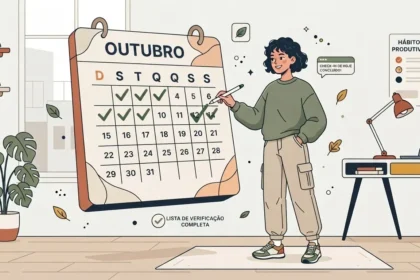 Ilustração em estilo de traços limpos de uma jovem estudante em pé, usando uma caneta para marcar um visto verde em um calendário gigante do mês de "OUTUBRO", onde vários dias anteriores já aparecem checados. Ao lado dela, flutua um balão de notificação com a mensagem "CHECK-IN DE HOJE CONCLUÍDO!". À direita, vê-se uma mesa com notebook, luminária e um pôster na parede intitulado "HÁBITOS DE PRODUTIVIDADE".