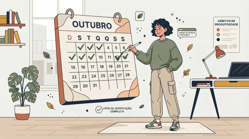 Ilustração em estilo de traços limpos de uma jovem estudante em pé, usando uma caneta para marcar um visto verde em um calendário gigante do mês de "OUTUBRO", onde vários dias anteriores já aparecem checados. Ao lado dela, flutua um balão de notificação com a mensagem "CHECK-IN DE HOJE CONCLUÍDO!". À direita, vê-se uma mesa com notebook, luminária e um pôster na parede intitulado "HÁBITOS DE PRODUTIVIDADE".