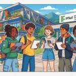 Ilustração colorida de cinco estudantes sorridentes e integrados conversando no pátio externo de uma escola técnica. Ao fundo, destaca-se a fachada moderna de um prédio de três andares com a placa oficial: "IFSul - INSTITUTO FEDERAL SUL-RIO-GRANDENSE - CAMPUS PELOTAS". Os jovens vestem roupas casuais e interagem segurando cadernos, blocos de notas e tablets. Toda a imagem é envolta por uma moldura artística com desenhos de folhas e etiquetas decorativas escritas "PELOTAS RS" e "IFSul".