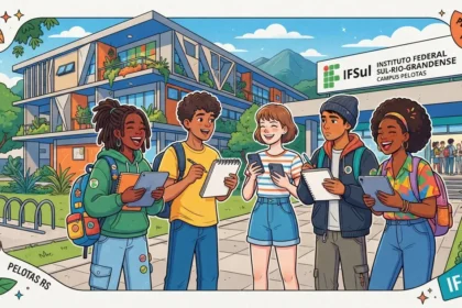 Ilustração colorida de cinco estudantes sorridentes e integrados conversando no pátio externo de uma escola técnica. Ao fundo, destaca-se a fachada moderna de um prédio de três andares com a placa oficial: "IFSul - INSTITUTO FEDERAL SUL-RIO-GRANDENSE - CAMPUS PELOTAS". Os jovens vestem roupas casuais e interagem segurando cadernos, blocos de notas e tablets. Toda a imagem é envolta por uma moldura artística com desenhos de folhas e etiquetas decorativas escritas "PELOTAS RS" e "IFSul".