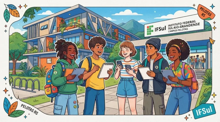 Ilustração colorida de cinco estudantes sorridentes e integrados conversando no pátio externo de uma escola técnica. Ao fundo, destaca-se a fachada moderna de um prédio de três andares com a placa oficial: "IFSul - INSTITUTO FEDERAL SUL-RIO-GRANDENSE - CAMPUS PELOTAS". Os jovens vestem roupas casuais e interagem segurando cadernos, blocos de notas e tablets. Toda a imagem é envolta por uma moldura artística com desenhos de folhas e etiquetas decorativas escritas "PELOTAS RS" e "IFSul".