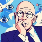 Ilustração gráfica no estilo pop art retratando o filósofo Michel Foucault — homem calvo de óculos redondos, terno e gravata — em pose reflexiva com a mão no queixo. Ao seu redor, sobre um fundo abstrato azul e bege, flutuam ícones que simbolizam seus conceitos teóricos: um livro aberto, olhos atentos representando a vigilância, diagramas de rede e conexões, uma torre de transmissão e uma câmera de segurança de circuito fechado.