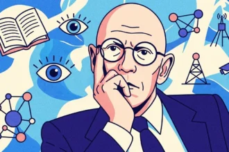 Ilustração gráfica no estilo pop art retratando o filósofo Michel Foucault — homem calvo de óculos redondos, terno e gravata — em pose reflexiva com a mão no queixo. Ao seu redor, sobre um fundo abstrato azul e bege, flutuam ícones que simbolizam seus conceitos teóricos: um livro aberto, olhos atentos representando a vigilância, diagramas de rede e conexões, uma torre de transmissão e uma câmera de segurança de circuito fechado.