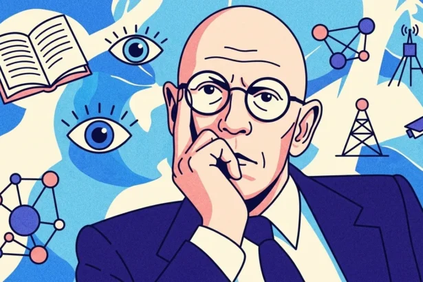 Ilustração gráfica no estilo pop art retratando o filósofo Michel Foucault — homem calvo de óculos redondos, terno e gravata — em pose reflexiva com a mão no queixo. Ao seu redor, sobre um fundo abstrato azul e bege, flutuam ícones que simbolizam seus conceitos teóricos: um livro aberto, olhos atentos representando a vigilância, diagramas de rede e conexões, uma torre de transmissão e uma câmera de segurança de circuito fechado.