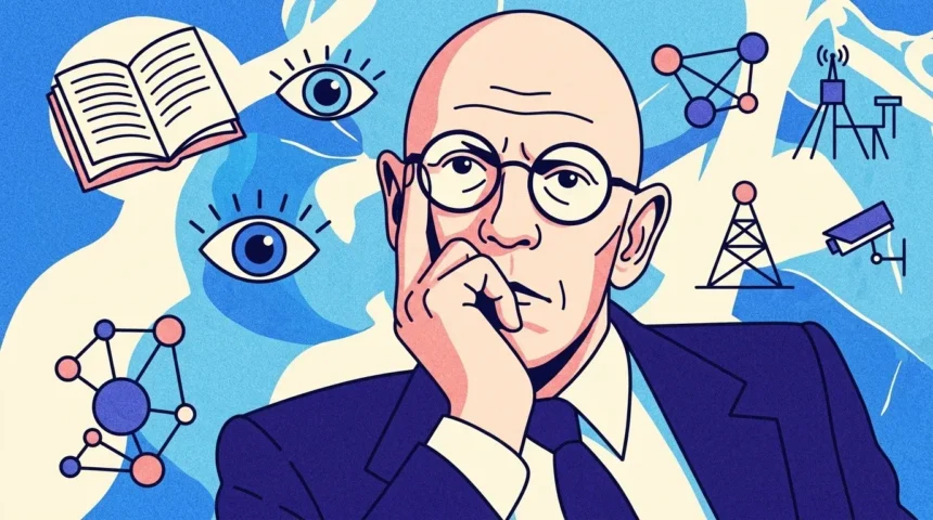 Ilustração gráfica no estilo pop art retratando o filósofo Michel Foucault — homem calvo de óculos redondos, terno e gravata — em pose reflexiva com a mão no queixo. Ao seu redor, sobre um fundo abstrato azul e bege, flutuam ícones que simbolizam seus conceitos teóricos: um livro aberto, olhos atentos representando a vigilância, diagramas de rede e conexões, uma torre de transmissão e uma câmera de segurança de circuito fechado.