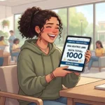 Ilustração digital de uma jovem de cabelos cacheados expressando muita felicidade e comemoração em uma sala de estudos. Ela está sentada e segura um tablet voltado para a frente, que exibe a tela de resultado do exame com os textos: "ENEM 2025 - RESULTADO FINAL", "ANA BEATRIZ LIMA" e, em letras garrafais, "NOTA TOTAL: 1000 // REDAÇÃO 1000". Ao fundo, o ambiente de biblioteca mostra estantes de livros e outros estudantes concentrados. Na mesa em primeiro plano, há uma garrafa de água, uma caneta e um bloco de notas com a inscrição "ENEM".