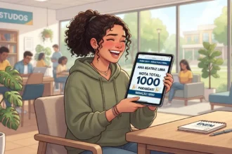Ilustração digital de uma jovem de cabelos cacheados expressando muita felicidade e comemoração em uma sala de estudos. Ela está sentada e segura um tablet voltado para a frente, que exibe a tela de resultado do exame com os textos: "ENEM 2025 - RESULTADO FINAL", "ANA BEATRIZ LIMA" e, em letras garrafais, "NOTA TOTAL: 1000 // REDAÇÃO 1000". Ao fundo, o ambiente de biblioteca mostra estantes de livros e outros estudantes concentrados. Na mesa em primeiro plano, há uma garrafa de água, uma caneta e um bloco de notas com a inscrição "ENEM".