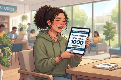 Ilustração digital de uma jovem de cabelos cacheados expressando muita felicidade e comemoração em uma sala de estudos. Ela está sentada e segura um tablet voltado para a frente, que exibe a tela de resultado do exame com os textos: "ENEM 2025 - RESULTADO FINAL", "ANA BEATRIZ LIMA" e, em letras garrafais, "NOTA TOTAL: 1000 // REDAÇÃO 1000". Ao fundo, o ambiente de biblioteca mostra estantes de livros e outros estudantes concentrados. Na mesa em primeiro plano, há uma garrafa de água, uma caneta e um bloco de notas com a inscrição "ENEM".