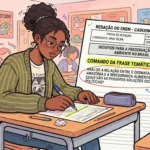 Estudante em perfil diante de carteiras escolares, com luz dividida em dois caminhos no chão