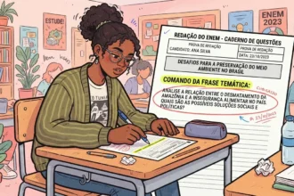 Estudante em perfil diante de carteiras escolares, com luz dividida em dois caminhos no chão