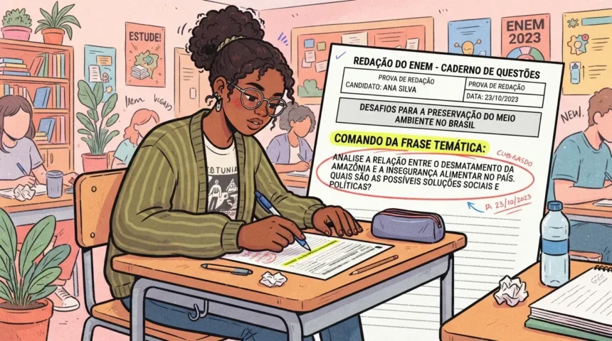 Estudante em perfil diante de carteiras escolares, com luz dividida em dois caminhos no chão