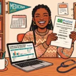 Uma jovem estudante negra de tranças sorrindo com entusiasmo enquanto segura o folheto do "ProUni Medicina - TERMO DE CONCESSÃO DE BOLSA - ProUni 100% - CURSO: MEDICINA - APROVADA!". Ela está sentada em sua mesa de estudos diante de um notebook aberto na tela "PLANILHA ORÇAMENTÁRIA - FACULDADE DE MEDICINA", com um estetoscópio, garrafa de água e livros empilhados de "ANATOMIA HUMANA", "FISIOLOGIA", "BIOQUÍMICA" e "FARMACOLOGIA". Ao fundo, veem-se uma estante repleta de livros, flâmula decorativa de Medicina, calendário, mochila rosa e quadro de cortiça.