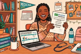 Uma jovem estudante negra de tranças sorrindo com entusiasmo enquanto segura o folheto do "ProUni Medicina - TERMO DE CONCESSÃO DE BOLSA - ProUni 100% - CURSO: MEDICINA - APROVADA!". Ela está sentada em sua mesa de estudos diante de um notebook aberto na tela "PLANILHA ORÇAMENTÁRIA - FACULDADE DE MEDICINA", com um estetoscópio, garrafa de água e livros empilhados de "ANATOMIA HUMANA", "FISIOLOGIA", "BIOQUÍMICA" e "FARMACOLOGIA". Ao fundo, veem-se uma estante repleta de livros, flâmula decorativa de Medicina, calendário, mochila rosa e quadro de cortiça.