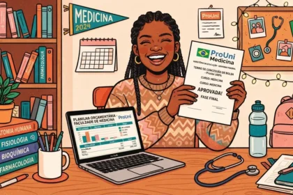 Uma jovem estudante negra de tranças sorrindo com entusiasmo enquanto segura o folheto do "ProUni Medicina - TERMO DE CONCESSÃO DE BOLSA - ProUni 100% - CURSO: MEDICINA - APROVADA!". Ela está sentada em sua mesa de estudos diante de um notebook aberto na tela "PLANILHA ORÇAMENTÁRIA - FACULDADE DE MEDICINA", com um estetoscópio, garrafa de água e livros empilhados de "ANATOMIA HUMANA", "FISIOLOGIA", "BIOQUÍMICA" e "FARMACOLOGIA". Ao fundo, veem-se uma estante repleta de livros, flâmula decorativa de Medicina, calendário, mochila rosa e quadro de cortiça.