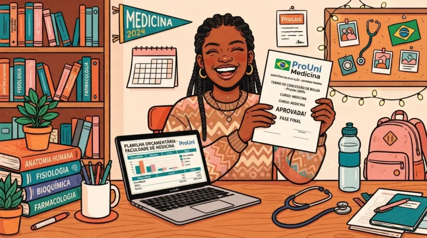 Uma jovem estudante negra de tranças sorrindo com entusiasmo enquanto segura o folheto do "ProUni Medicina - TERMO DE CONCESSÃO DE BOLSA - ProUni 100% - CURSO: MEDICINA - APROVADA!". Ela está sentada em sua mesa de estudos diante de um notebook aberto na tela "PLANILHA ORÇAMENTÁRIA - FACULDADE DE MEDICINA", com um estetoscópio, garrafa de água e livros empilhados de "ANATOMIA HUMANA", "FISIOLOGIA", "BIOQUÍMICA" e "FARMACOLOGIA". Ao fundo, veem-se uma estante repleta de livros, flâmula decorativa de Medicina, calendário, mochila rosa e quadro de cortiça.