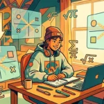 Um estudante de touca e fones de ouvido no pescoço, escrevendo em um caderno sobre sua escrivaninha ao lado de um notebook. Ao seu redor, flutuam telas de vidro translúcidas exibindo esquemas de regra de três e multiplicação cruzada, acompanhadas por símbolos matemáticos brilhantes ($Sigma$, $pi$, raízes quadradas) e setas luminosas apontando para cima e para baixo para ilustrar a relação entre grandezas diretamente e inversamente proporcionais.