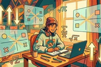 Um estudante de touca e fones de ouvido no pescoço, escrevendo em um caderno sobre sua escrivaninha ao lado de um notebook. Ao seu redor, flutuam telas de vidro translúcidas exibindo esquemas de regra de três e multiplicação cruzada, acompanhadas por símbolos matemáticos brilhantes ($Sigma$, $pi$, raízes quadradas) e setas luminosas apontando para cima e para baixo para ilustrar a relação entre grandezas diretamente e inversamente proporcionais.
