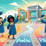 Ilustração digital colorida de formandos celebrando em estilo cartoon em frente a um prédio moderno com a inscrição "UNIVERSIDADE DO FUTURO". No chão, três caminhos luminosos e coloridos guiam os estudantes até a entrada, representando as portas de acesso ao ensino superior pelos programas federais e de crédito: "SISU" (caminho laranja), "ProUni" (caminho azul) e "FIES" (caminho rosa).