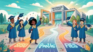 Ilustração digital colorida de formandos celebrando em estilo cartoon em frente a um prédio moderno com a inscrição "UNIVERSIDADE DO FUTURO". No chão, três caminhos luminosos e coloridos guiam os estudantes até a entrada, representando as portas de acesso ao ensino superior pelos programas federais e de crédito: "SISU" (caminho laranja), "ProUni" (caminho azul) e "FIES" (caminho rosa).