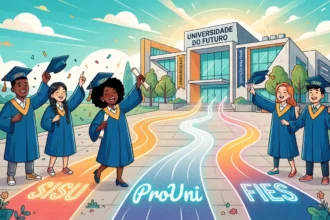 Ilustração digital colorida de formandos celebrando em estilo cartoon em frente a um prédio moderno com a inscrição "UNIVERSIDADE DO FUTURO". No chão, três caminhos luminosos e coloridos guiam os estudantes até a entrada, representando as portas de acesso ao ensino superior pelos programas federais e de crédito: "SISU" (caminho laranja), "ProUni" (caminho azul) e "FIES" (caminho rosa).