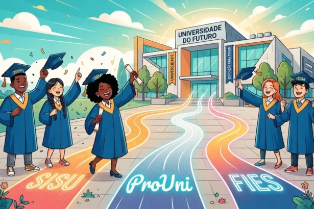 Ilustração digital colorida de formandos celebrando em estilo cartoon em frente a um prédio moderno com a inscrição "UNIVERSIDADE DO FUTURO". No chão, três caminhos luminosos e coloridos guiam os estudantes até a entrada, representando as portas de acesso ao ensino superior pelos programas federais e de crédito: "SISU" (caminho laranja), "ProUni" (caminho azul) e "FIES" (caminho rosa).
