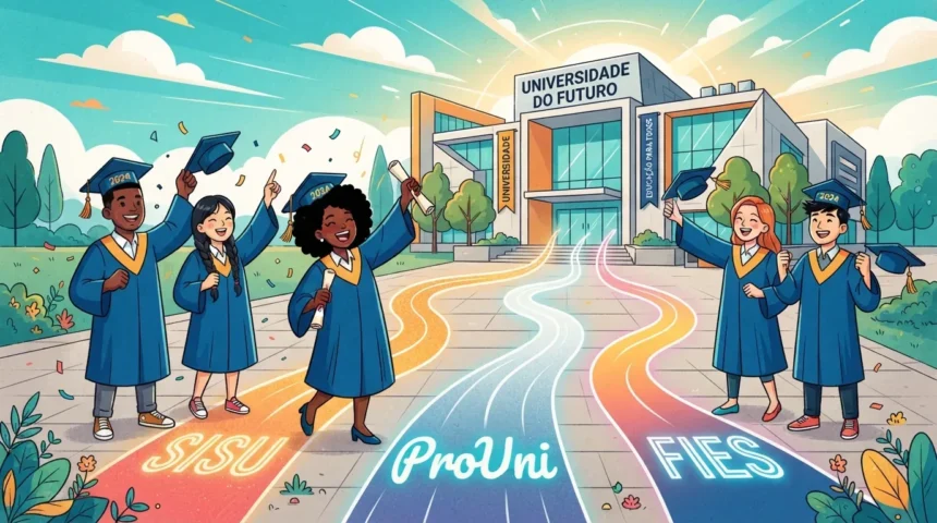 Ilustração digital colorida de formandos celebrando em estilo cartoon em frente a um prédio moderno com a inscrição "UNIVERSIDADE DO FUTURO". No chão, três caminhos luminosos e coloridos guiam os estudantes até a entrada, representando as portas de acesso ao ensino superior pelos programas federais e de crédito: "SISU" (caminho laranja), "ProUni" (caminho azul) e "FIES" (caminho rosa).