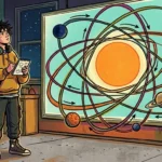 Ilustração em estilo HQ de um estudante de moletom amarelo e fones no pescoço, observando um grande painel iluminado sobre mecânica celeste. O painel central exibe o Sol cercado por diversas órbitas elípticas coloridas com setas indicativas de direção e planetas ao longo dos trajetos, como Saturno e a Terra. O estudante segura um pequeno bloco de notas enquanto analisa a representação em um ambiente decorado com pôsteres de astronomia e estantes de livros.
