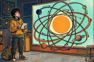 Ilustração em estilo HQ de um estudante de moletom amarelo e fones no pescoço, observando um grande painel iluminado sobre mecânica celeste. O painel central exibe o Sol cercado por diversas órbitas elípticas coloridas com setas indicativas de direção e planetas ao longo dos trajetos, como Saturno e a Terra. O estudante segura um pequeno bloco de notas enquanto analisa a representação em um ambiente decorado com pôsteres de astronomia e estantes de livros.