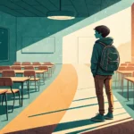 estudante em perfil diante de duas fileiras curvas de carteiras em sala iluminada