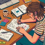 Ilustração em ângulo superior de uma estudante de cabelo preso em um coque despojado e camisa listrada, inclinada sobre uma escrivaninha de madeira repleta de materiais. Ela resolve uma folha de simulado intitulada "Practice Test" contendo diagramas e fórmulas. A mesa é composta por um celular apoiado em suporte marcando o temporizador "04:37", um notebook, caderno aberto com cálculos de geometria, notas adesivas coloridas, canecas de café, marcadores e embalagens de lanche.