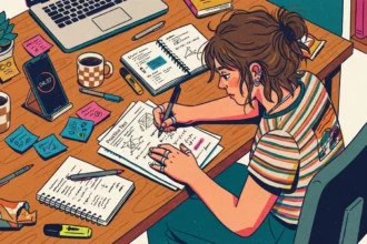 Ilustração em ângulo superior de uma estudante de cabelo preso em um coque despojado e camisa listrada, inclinada sobre uma escrivaninha de madeira repleta de materiais. Ela resolve uma folha de simulado intitulada "Practice Test" contendo diagramas e fórmulas. A mesa é composta por um celular apoiado em suporte marcando o temporizador "04:37", um notebook, caderno aberto com cálculos de geometria, notas adesivas coloridas, canecas de café, marcadores e embalagens de lanche.