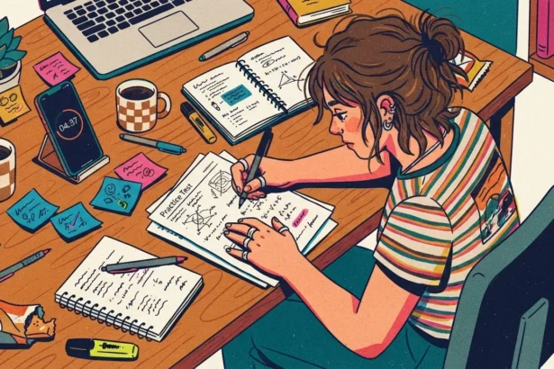 Ilustração em ângulo superior de uma estudante de cabelo preso em um coque despojado e camisa listrada, inclinada sobre uma escrivaninha de madeira repleta de materiais. Ela resolve uma folha de simulado intitulada "Practice Test" contendo diagramas e fórmulas. A mesa é composta por um celular apoiado em suporte marcando o temporizador "04:37", um notebook, caderno aberto com cálculos de geometria, notas adesivas coloridas, canecas de café, marcadores e embalagens de lanche.