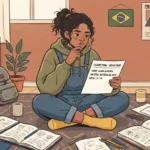 Ilustração em estilo cartoon de uma jovem de cabelos cacheados presa em um coque, sentada de pernas cruzadas no tapete do quarto. Ela segura uma folha de "EXAME FINAL - RESULTADO" em nome de Clara Almeida, na matéria de História da Arte com a nota 7.5/10, e encara o papel com uma expressão pensativa. O chão ao seu redor está repleto de cadernos abertos, anotações e lápis. Ao fundo, decoram o ambiente uma estante cheia, uma mochila e um pôster escrito "ESTUDOS".