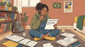 Ilustração em estilo cartoon de uma jovem de cabelos cacheados presa em um coque, sentada de pernas cruzadas no tapete do quarto. Ela segura uma folha de "EXAME FINAL - RESULTADO" em nome de Clara Almeida, na matéria de História da Arte com a nota 7.5/10, e encara o papel com uma expressão pensativa. O chão ao seu redor está repleto de cadernos abertos, anotações e lápis. Ao fundo, decoram o ambiente uma estante cheia, uma mochila e um pôster escrito "ESTUDOS".