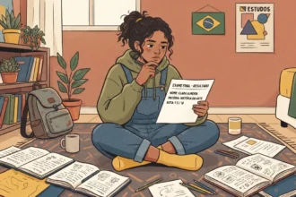 Ilustração em estilo cartoon de uma jovem de cabelos cacheados presa em um coque, sentada de pernas cruzadas no tapete do quarto. Ela segura uma folha de "EXAME FINAL - RESULTADO" em nome de Clara Almeida, na matéria de História da Arte com a nota 7.5/10, e encara o papel com uma expressão pensativa. O chão ao seu redor está repleto de cadernos abertos, anotações e lápis. Ao fundo, decoram o ambiente uma estante cheia, uma mochila e um pôster escrito "ESTUDOS".