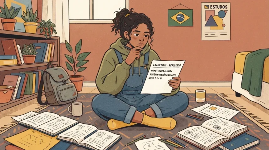 Ilustração em estilo cartoon de uma jovem de cabelos cacheados presa em um coque, sentada de pernas cruzadas no tapete do quarto. Ela segura uma folha de "EXAME FINAL - RESULTADO" em nome de Clara Almeida, na matéria de História da Arte com a nota 7.5/10, e encara o papel com uma expressão pensativa. O chão ao seu redor está repleto de cadernos abertos, anotações e lápis. Ao fundo, decoram o ambiente uma estante cheia, uma mochila e um pôster escrito "ESTUDOS".